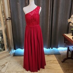 Azazie Red One-Shoulder Lace Evening Dress